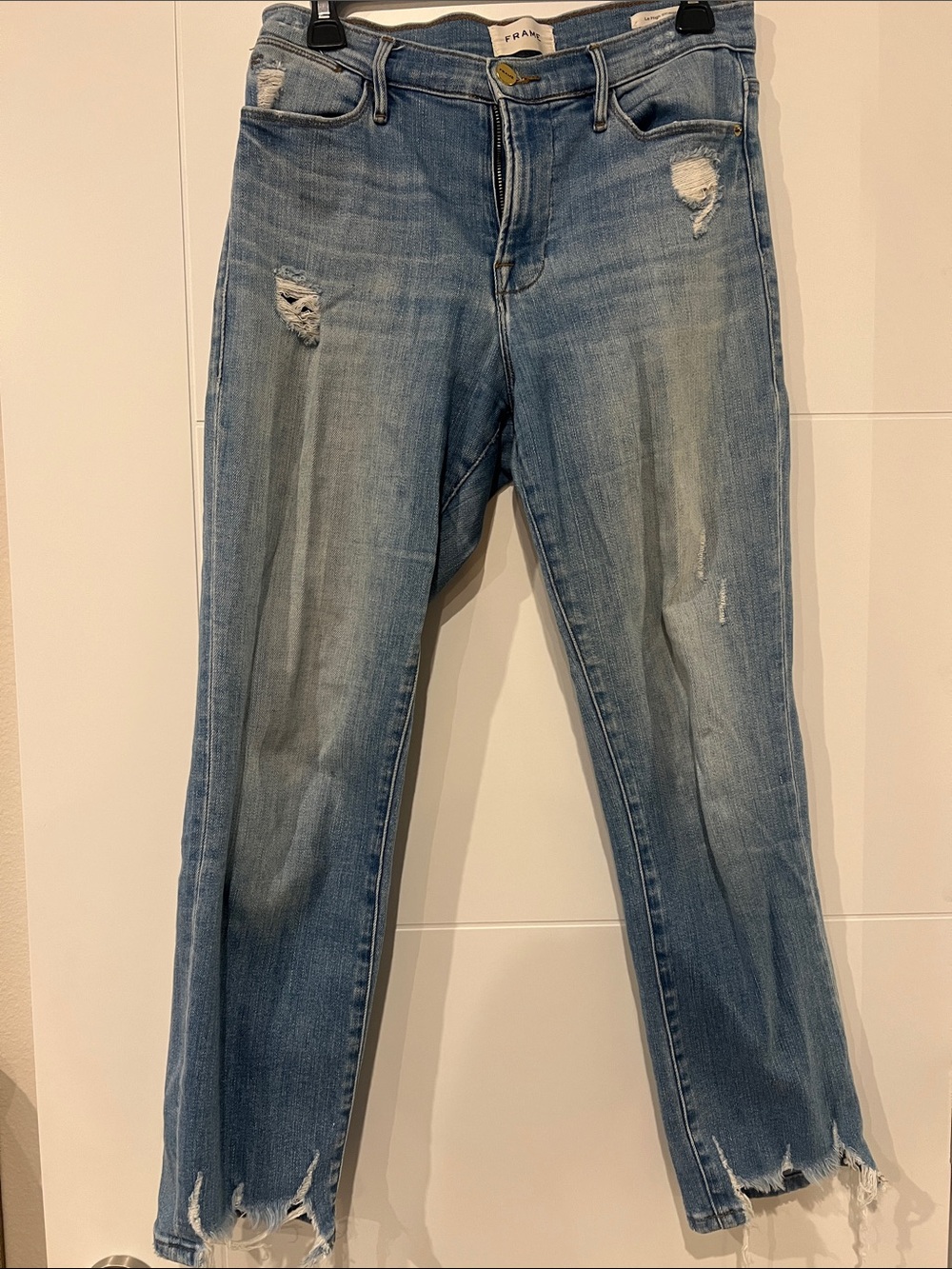 Frame Le High Straight Light Wash Distressed Ankle Jeans